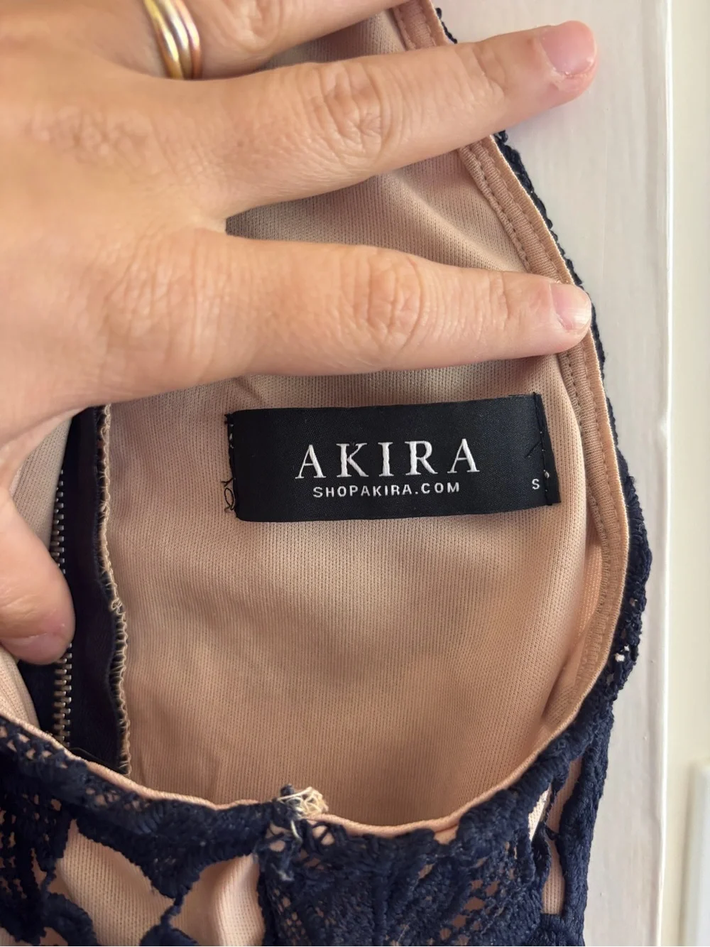 AKIRA Navy and Beige Floral Lace Overlay Halter Dress